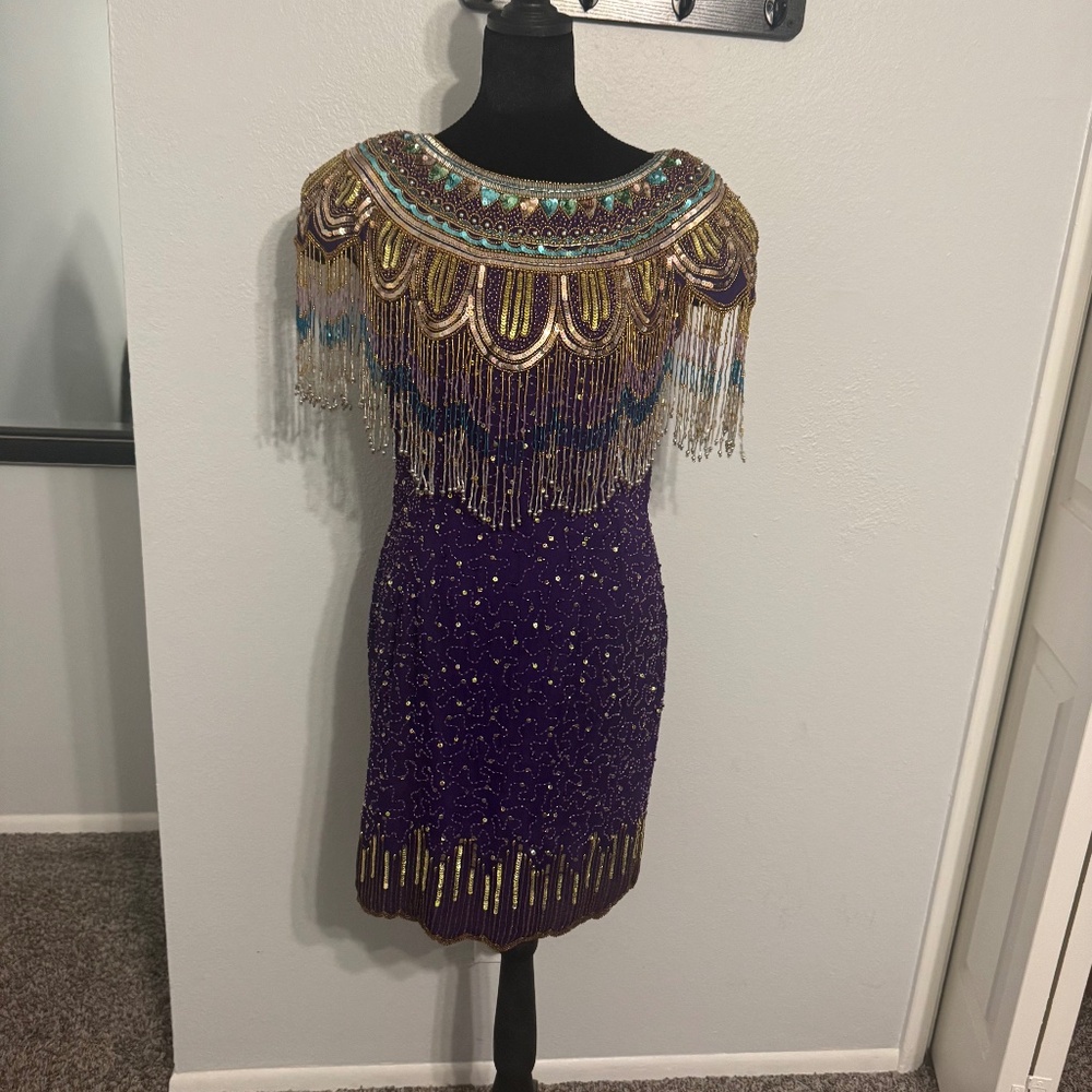 Vintage 1992 Jagswear Silk Beaded Cocktail Dress - Purple & Gold - Size L